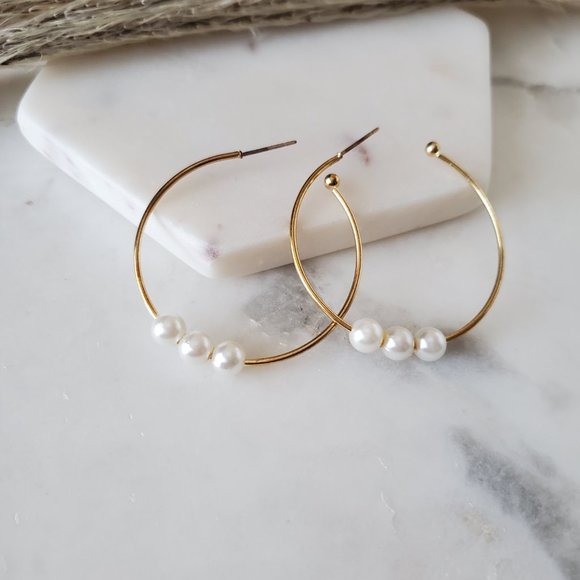 5 for $25 Gold Color Pearl Decorated Hoop Earrings - Picture 2 of 5